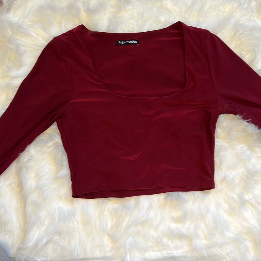 Fashion Nova Long Sleeve Burgundy Crop Top
